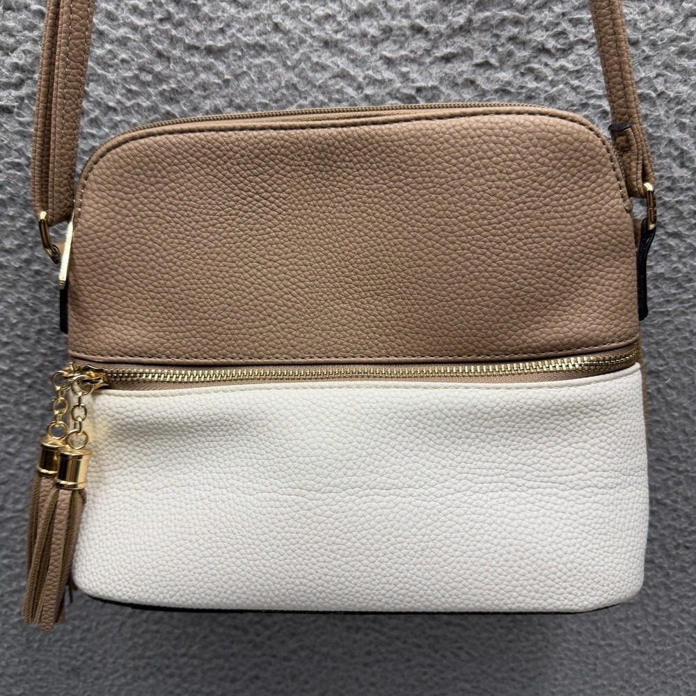Deluxity Two Tone Tan & White Dome Crossbody Bag Front Zipper Pocket With Tassel